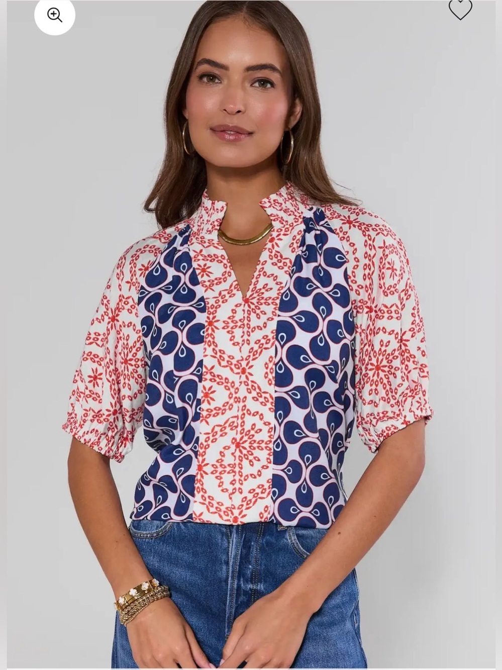 VOY Tate Multi Printed Split Neck Top Size XS